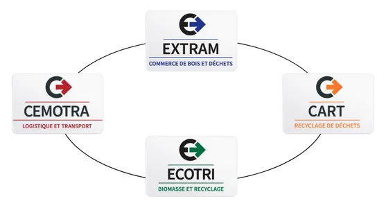 Le cycle de valorisation du groupe, en cercle : EXTRAM collecte le bois et les déchets, CART les recycle, ECOTRI les valorise en biomasse, et CEMOTRA assure la logistique entre les trois.